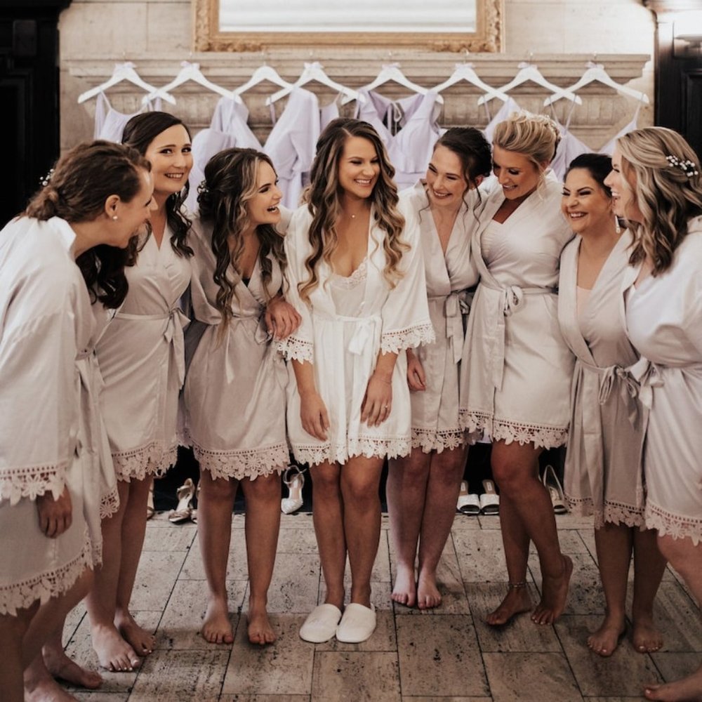 Chapgne Bridesmaid Satin Robes Wedding Bridesmaid Gift Chunky Beige Lace  Robe